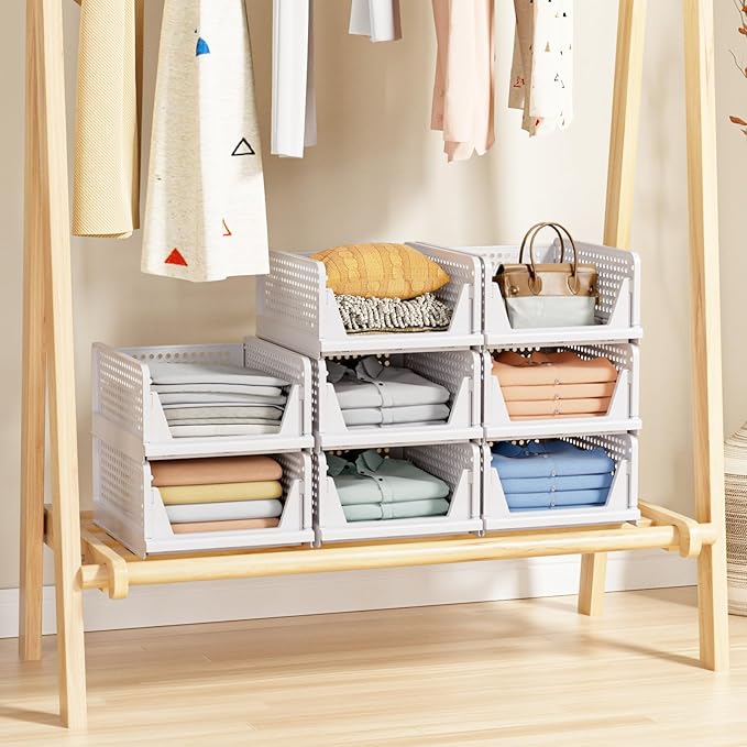 5 Pack Stackable Closet Storage Basket - Stackable Storage Bins, Multifunctional & Foldable Closet Organizer, Wardrobe Cupboard Space-Saving Hat Storage Drawer Organizer, White-Ruum Studio Home