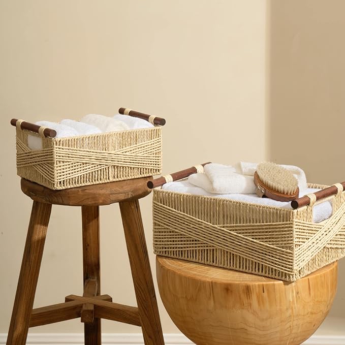 LA JOLIE MUSE Wicker Storage Baskets for Organizing, Recyclable Paper Rope Basket with Wood Handles, Decorative Hand Woven Basket Organizers for Makeup Books Shelves Living Room, Beige, Set of 2-Ruum Studio Home