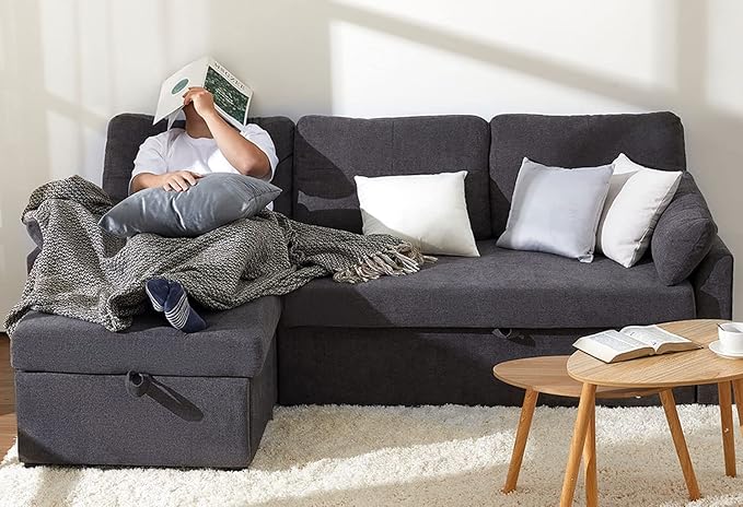 VanAcc Sleeper Sofa, Sofa Bed- 2 in 1 Pull Out Couch Bed with Storage Chaise, Sleeper Couch for Living Room, Grey Linen-Ruum Studio Home