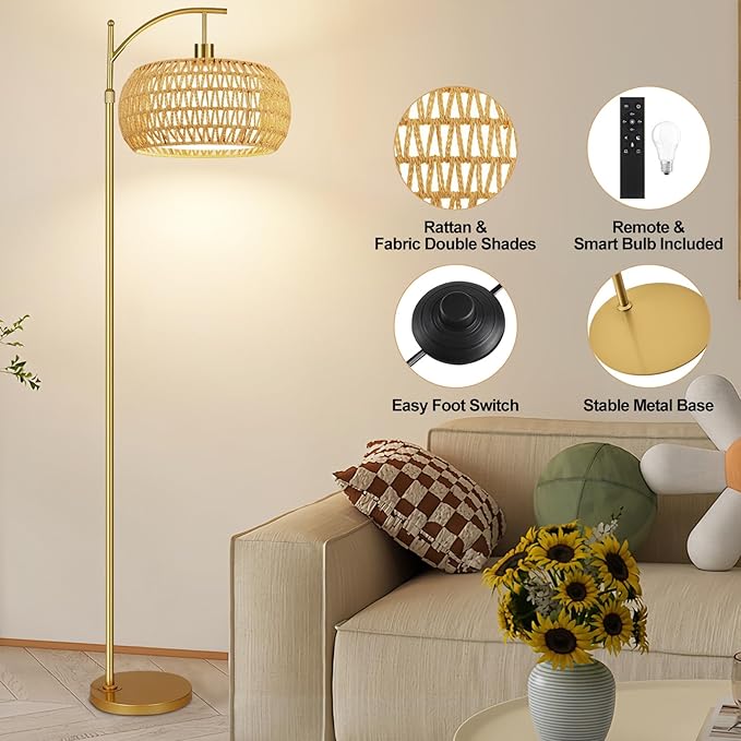 Gold Floor Lamps for Living Room Rattan Boho Floor Lamp with Remote Control,Dimmable Arc Floor Lamp Wicker LampShades Brass Standing Lamp with 3 Color Temperature Tall Floor Lamps For Bedroom Corner-Ruum Studio Home