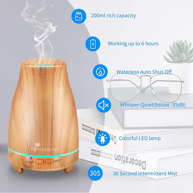 Diffuserlove Essential Oil Diffusers 200ML Diffuser Remote Control Aromatherapy Diffuser with 7 Color Lights, Auto Shut-Off for Bedroom Office Kitchen (Yellow Wood Grain)-Ruum Studio Home