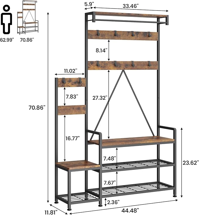 IDEALHOUSE Hall Tree with Bench and Shoe Storage Parent-Child Coat Rack Shoe Bench Industrial Coat Tree Entryway Large Organizer with Shoe Rack, Storage Cubbies, Hooks, and Top Shelf-Ruum Studio Home
