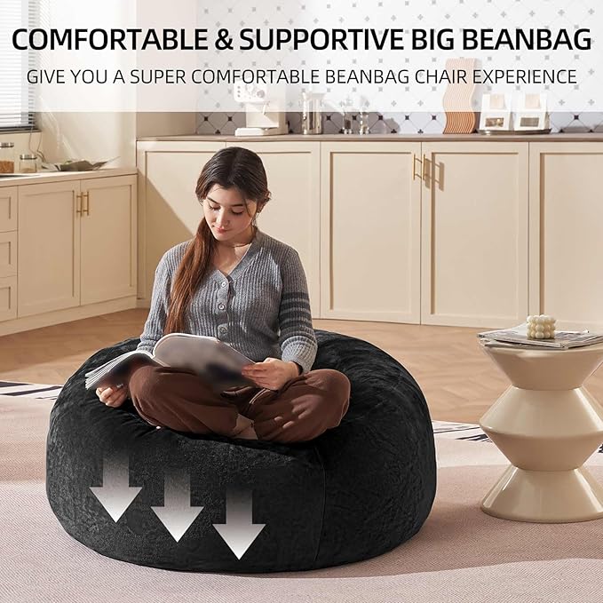 Bean Bag Chair 3Ft, Memory Foam Filled, Large Beanbag Chairs for Adults and Teens, Soft Sofa with Removable Flannel Cover, Round Couch for Living Room Bedroom College Dorm (Black, 3FT-36×36"×24")-Ruum Studio Home