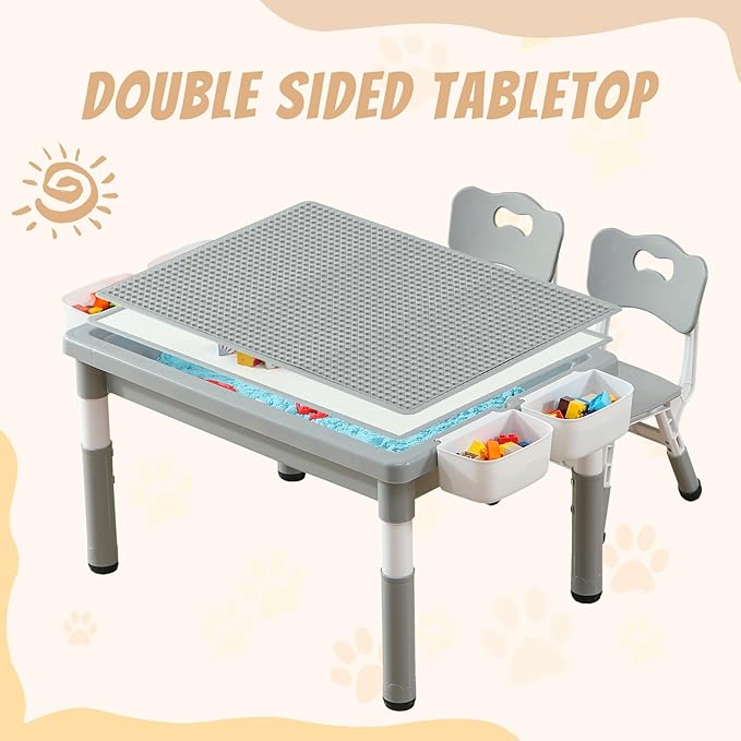 Multi Functional Kids Table and 2 Chairs Set, Graffiti & Building Blocks Double-Sided Tabletop, Toddler Play Table with Drawers, Large Storage Space, Gift for Boys/Girls, Gray-Ruum Studio Home