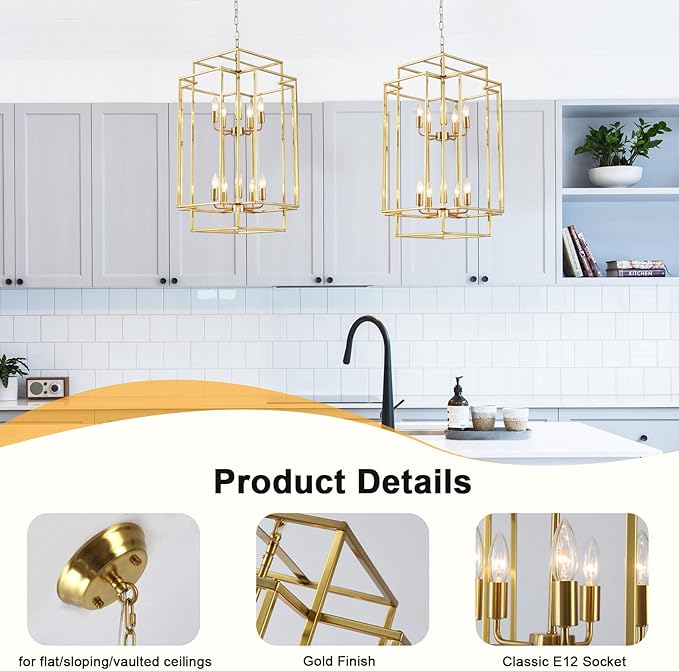 30" Farmhouse Gold Chandelier, 10-Light Foyer Lighting Fixtures, Lantern Tiered Pendant Light Fixtures, Metal Rustic High Ceiling Chandelier for Dining Room Entryway Staircase-Ruum Studio Home