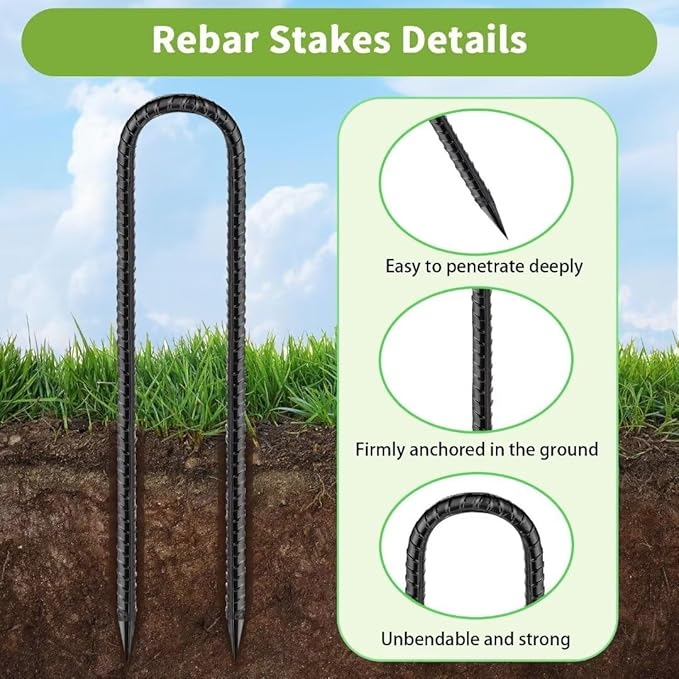 Ground-Stakes-Heavy-Duty-12 inch, U-Hook Rebar Stakes Black Coated Anti-Rust 16pcs Garden Stakes Metal Ground Anchors for Garden Dog Fence Chicken Coop Christmas Decorations Deer Fence-Ruum Studio Home