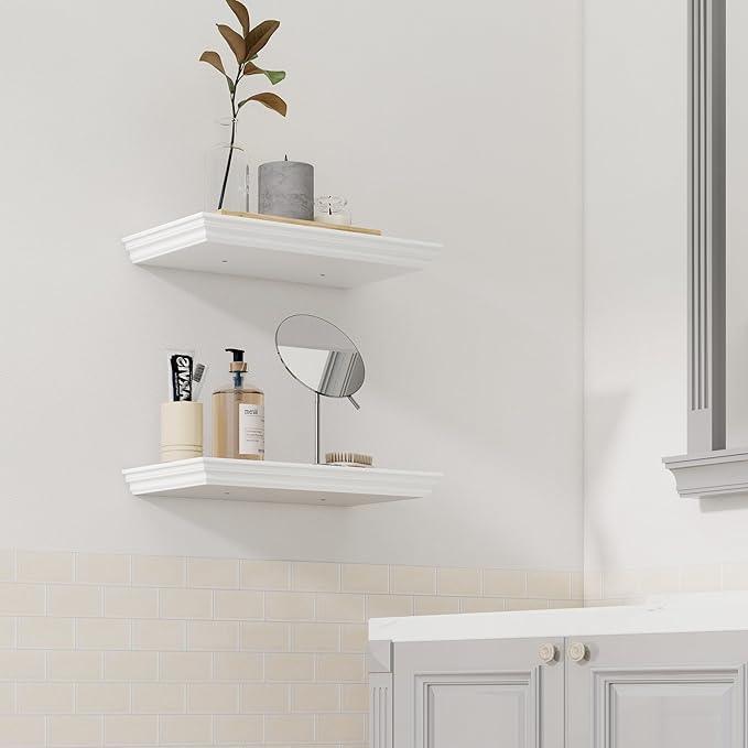 Floating Shelves for Wall, 16 Inch Wall Mounted White Hanging Shelf for Kitchen, Living Room, Office, Bedroom, Bathroom, Retro Vintage Wood Bookshelf for House Decor-Ruum Studio Home