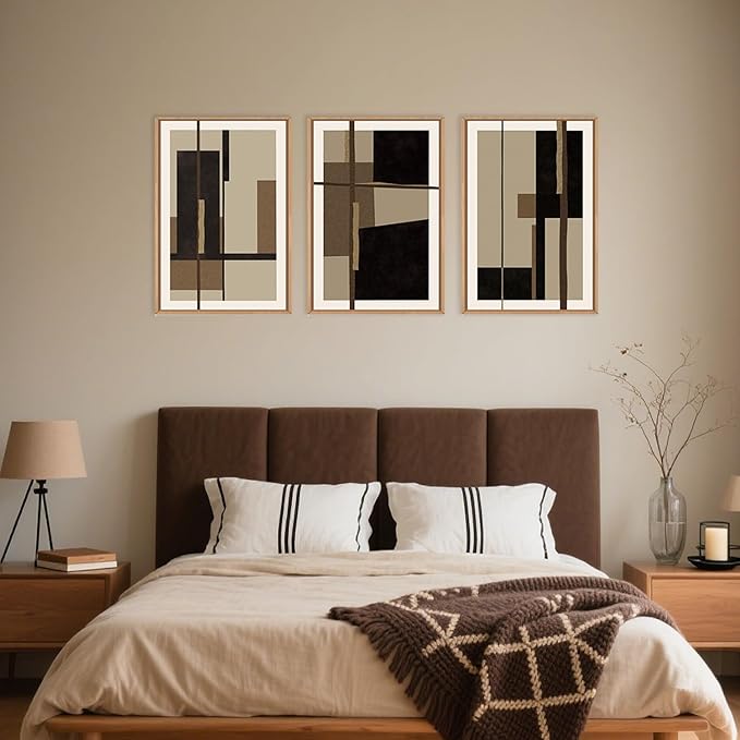 Abstract Shapes Framed Canvas Wall Art Set, Mid-Century Black Polygon Wall Decor, Black Brown Irregular Painting, Neutral Modern Art Print for Living Room, Dining Room, Office - 16"x24"x3-Ruum Studio Home