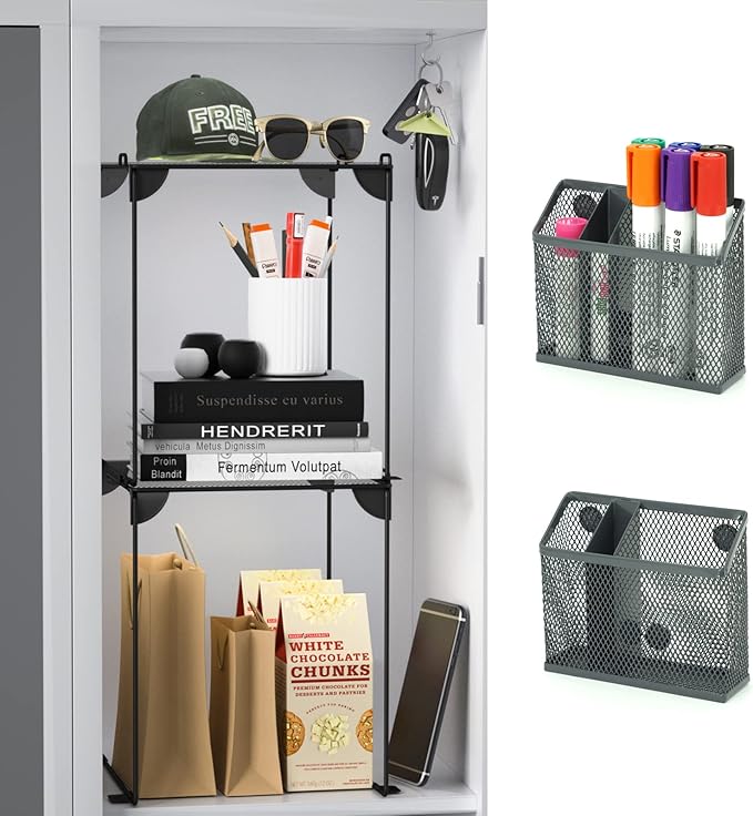 Neudeco Locker Accessories and Decor Kit, Including Mesh Shelf, Organizer, Magnetic Basket and Pen Holder, Suitable for School, Work, Kitchen, Bathroom, (Pack of 4, Grey)-Ruum Studio Home