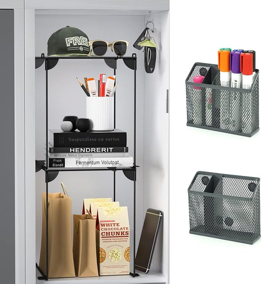 Neudeco Locker Accessories and Decor Kit, Including Mesh Shelf, Organizer, Magnetic Basket and Pen Holder, Suitable for School, Work, Kitchen, Bathroom, (Pack of 4, Grey)-Ruum Studio Home