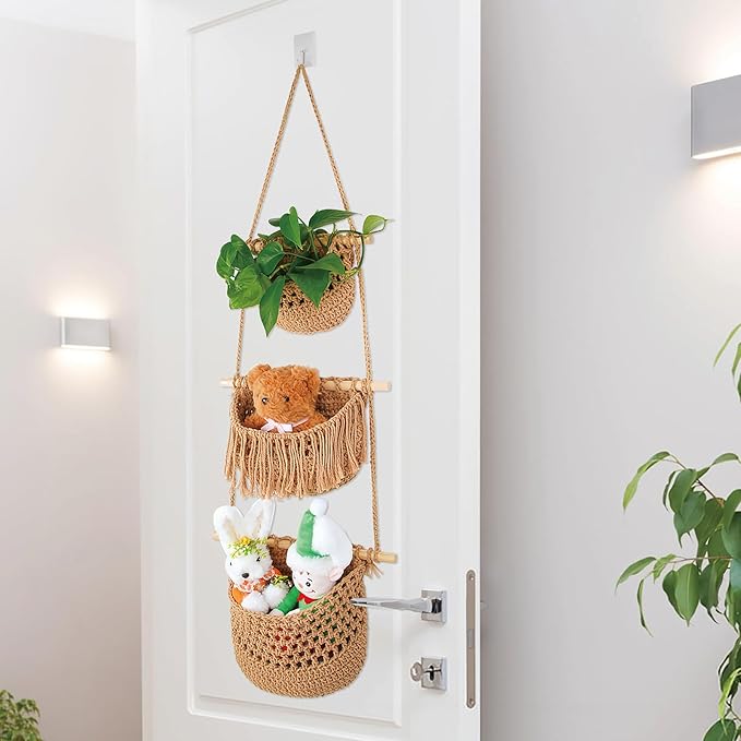 3 Tier Hanging Fruit Basket for Kitchen, Handmade Woven Cotton Hanging Wall Basket for Fruit Vegetable with 6 Hooks, Boho Style Over The Door Organizer for Living Bathroom Bedroom-Ruum Studio Home