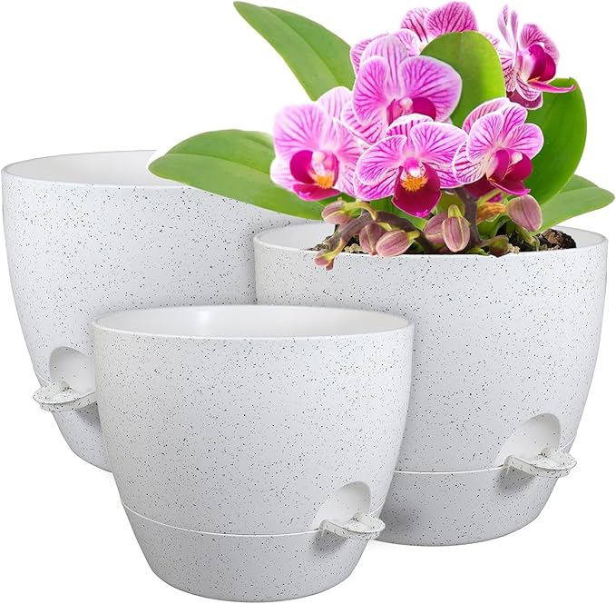 12/10/9 inch Large Self Watering Pots, Plant Pots with Mesh Drainage Holes for Indoor Outdoor Garden Plants, Flower Pots with Deep Reservoir, Set of 3 Plastic Planters, Specked White-Ruum Studio Home