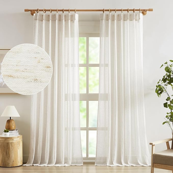 FMFUNCTEX Linen Sheer Pinch Pleated Curtains for Living Room, Linen Flax Beige 108 Inches Long Sheer Curtain See Through Panels for Bedroom, Natural Window Drapes for Farmhouse, Rod Pocket 2 Panels-Ruum Studio Home