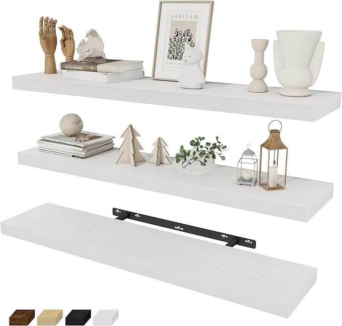 Fun Memories 32 Inch Floating Shelves Wall Shelf Set of 3, White Bathroom Shelves 32 Inch, Farmhouse Home Decor Living Room, Kitchen White Shelves for Wall, 32 x 6.7 x 1.4 Inch-Ruum Studio Home