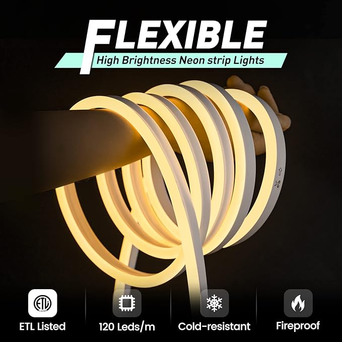 GZBtech Flexible LED Neon Rope Lights 50FT,AC 110-120V Waterproof Strip Light, 120 LEDs/M Cuttable Connectable Neon Lighting for Indoor Outdoor Home Decor/Commercial Building Use-Warm White 15M-Ruum Studio Home