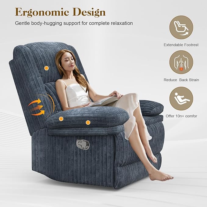 Recliner Chair for Adults, Oversized Manual Pull Tab Reclining Chair, 2-Tier Cushions, Minimalist Style Single Sofa for Living Room, RV (Corduroy)-Ruum Studio Home