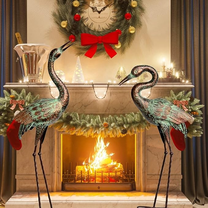 Shorayn Garden Crane Statues, Blue Heron Sculptures for Outdoor, Cranes Decor Metal Bird, Patina Garden Art Lawn Ornaments for Yard Patio Porch Outside Decorations-Ruum Studio Home