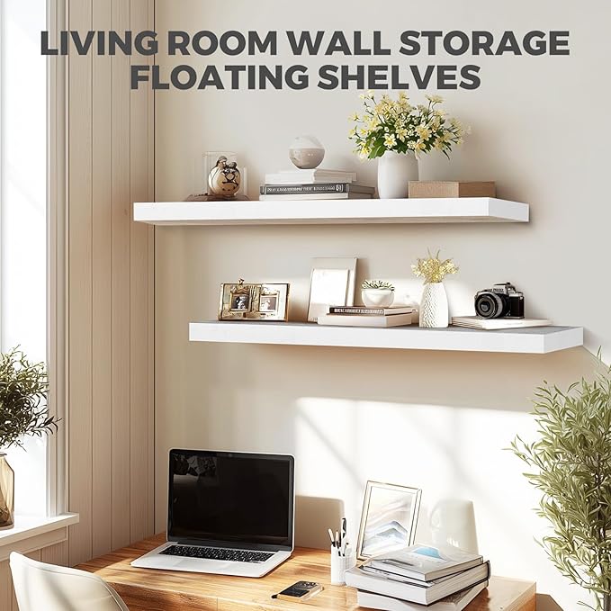 36"x6.8"x1.2" Solid Wood Floating Shelves 2-Pack - Rustic White Finish with Hidden Brackets, Perfect for Storage and Décor in Living Room, Kitchen, Bedroom-Ruum Studio Home