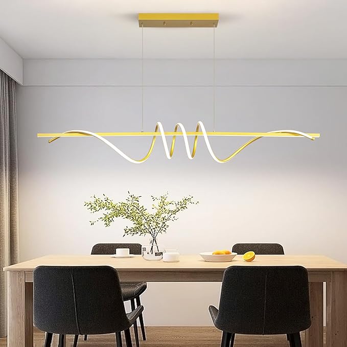 Modern Design Dimmable Desk Linear Pendant Light, with Remote Control Dimmable 3 Color Mode & Brightness Ceiling Lamp, Anti-Flicker Dining Light Fixture for Kitchen, Dining Room (Gold, 57IN)-Ruum Studio Home