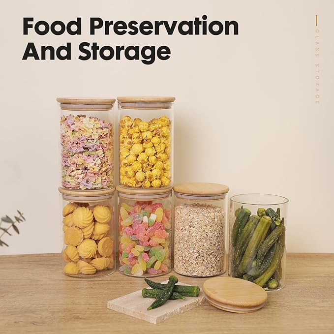 YUNCANG Glass Food Storage Jars 37oz [Set of 6],Clear Glass Food Storage Containers with Airtight Bamboo Lid Stackable Kitchen Canisters for Candy,Cookie,Rice,Sugar,Flour,Pasta-Ruum Studio Home