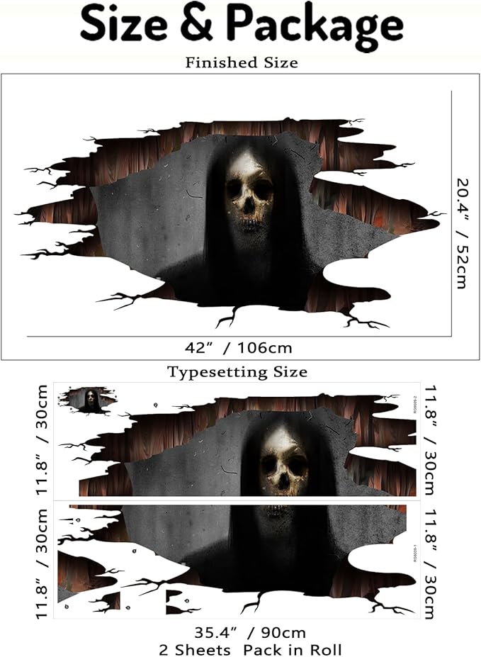 3D Halloween Wall Decals Scary Skeleton Halloween Wall Stickers, Spooky Long Hair Zombie Floor Decor Posters Decals Decorations for Living Room Bedroom Party Supplies-Ruum Studio Home