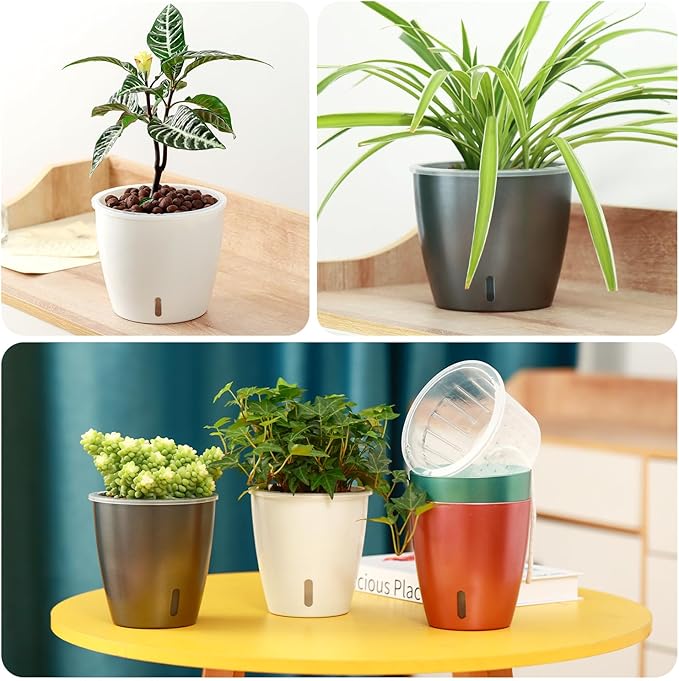 Self Watering Pots for Indoor Plants, 6-Pack 5'' Self Watering Planter with Drainage Holes, Small African Violet Pots with Water Indicator, Clear Wick Orchid Pot, Grey-Ruum Studio Home