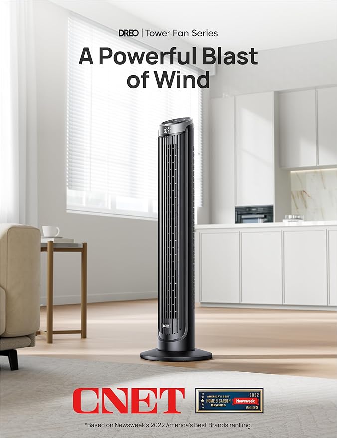 Dreo Tower Fan for Bedroom, 90° Oscillating Fans that Blow Cold Air, 5 Speeds, 4 Modes with 26ft/s Velocity, 12H & 28dB Quiet Timer, Remote, Touch, 40" Standing Floor Fan for Home Office, Black-Ruum Studio Home
