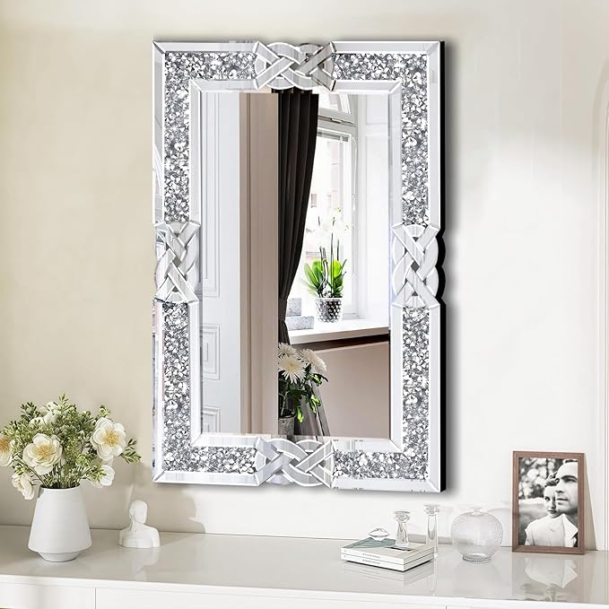 Crushed Diamond Decorative Wall Mirrors, 27.7x39.5 Inch Rectangle Living Room Mirrors for Wall Decor, Modern Glam Bathroom Dining Room Entryway Mirror Silver-Ruum Studio Home