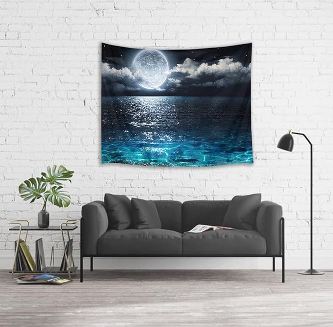 LB Moon Ocean Tapestry - Watercolor Blue Ocean and White Cloud Extra Large Wall Tapestry for Bedroom Starry Night Sky Wall Art for Bedroom Living Room Dorm Decor - 92.5Wx70.9H inches-Ruum Studio Home