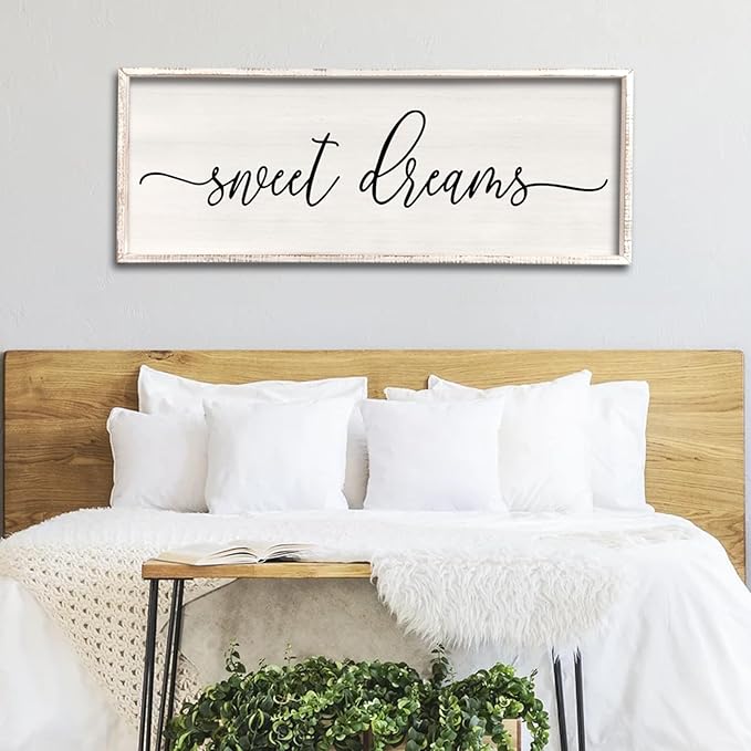 Sweet Dreams Wall Decor Above Bed 40''×15'' Master Bedroom Large Sweet Dreams Sign Farmhouse Wall Decor Guest Room Wood Rustic Framed Over Bed Wall Art Hanging Decoration (White)-Ruum Studio Home