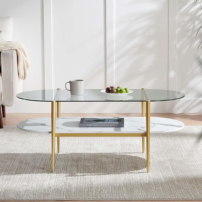 Oval Coffee Table, Mid-Century Modern Design, L41 x W21 x H17 inch, for Living Room, Clear Glass Top, White Marble Finish Wood Shelf & Gold Finish Frame-Ruum Studio Home