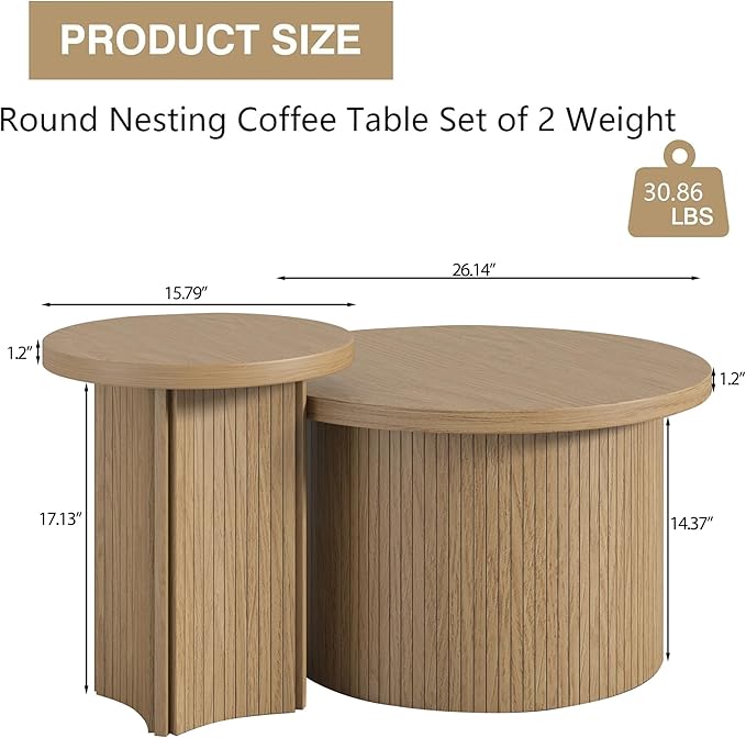 Set of 2 Nesting Coffee Tables Farmhouse,Round Coffee Table Living Room,Wood Finish Coffee Table Set, Small Coffee Tables, Sofa Side Living Room Bedroom Coffee Side Table (Large Size - Set)-Ruum Studio Home
