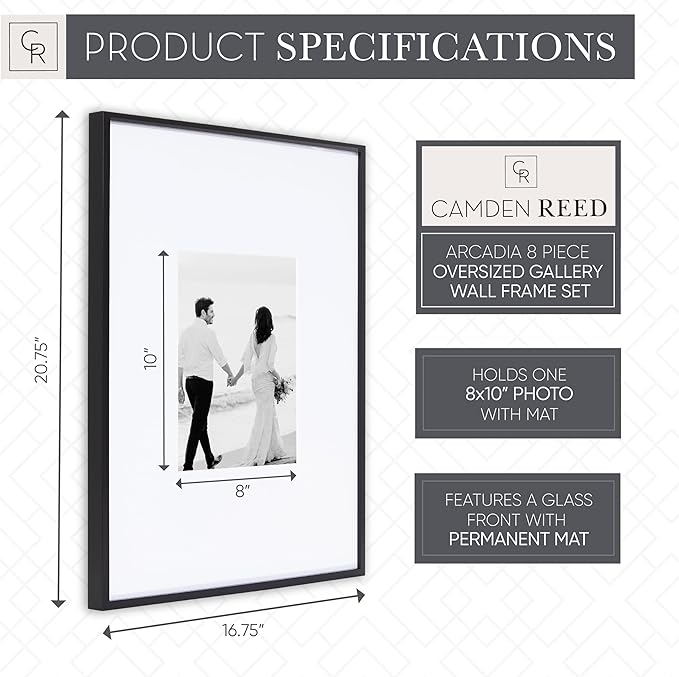 Camden Reed Arcadia 8 Piece Oversized Gallery Wall Frame, 16x20 and 16x16 Inch Matted Frames for Featuring 8x10 and 5x7 Inch Photographs or Art Prints, Black Finish-Ruum Studio Home