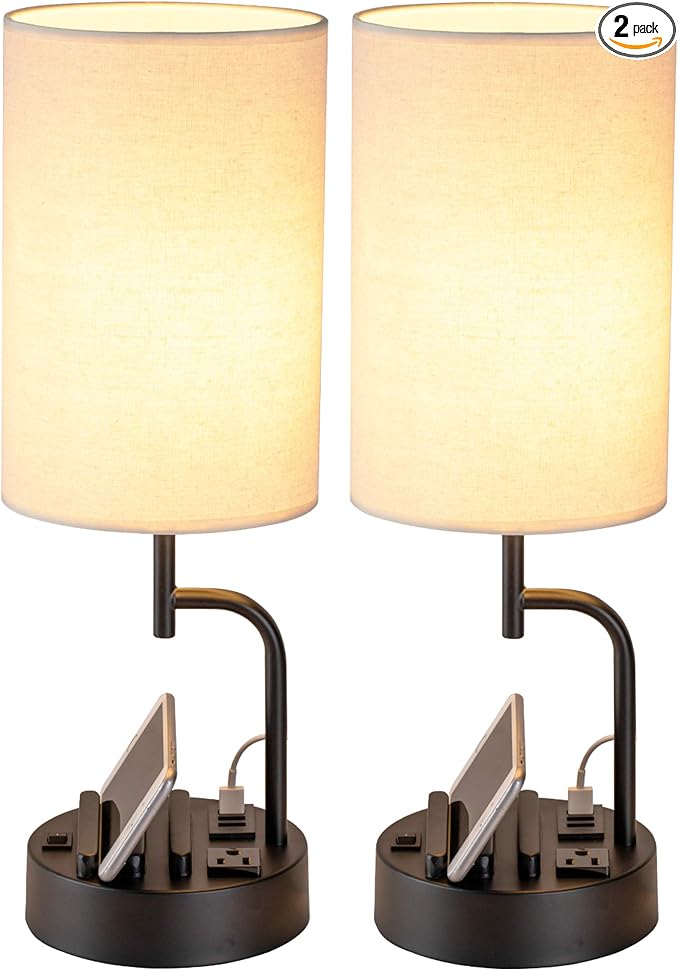Dreamholder Table Lamp with 3 USB Charging Ports, Modern Desk Lamp with AC Outlet and Phone Stands, Perfect Bedside Lamp for Bedroom, Living Room, Office (Pack of 2), Cream-Ruum Studio Home