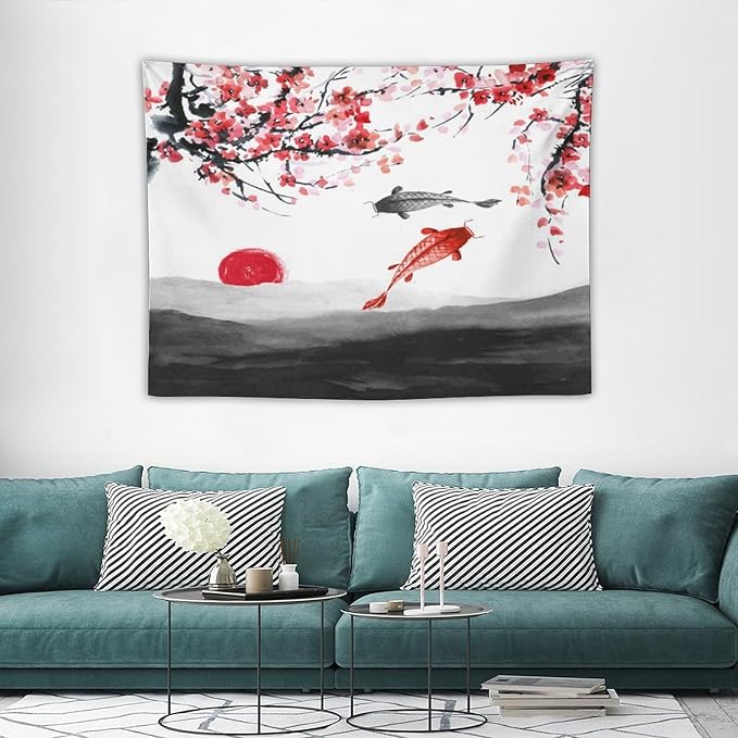 Japanese Koi Fish Tapestries, Cherry Blossoms Asian Oriental Flower Branch Koi Fish Carp Tapestry Wall Hanging for Bedroom Living Room Office Decor 40"x30"-Ruum Studio Home