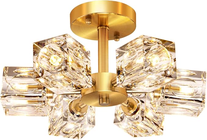 Semi Flush Mount Ceiling Light Fixture Modern 6 Lights Gold Crystal Chandelier,Brushed Nickel Sputnik Chandeliers for Hallway Entryway Bedroom Dining Room Farmhouse Kitchen Office-Ruum Studio Home