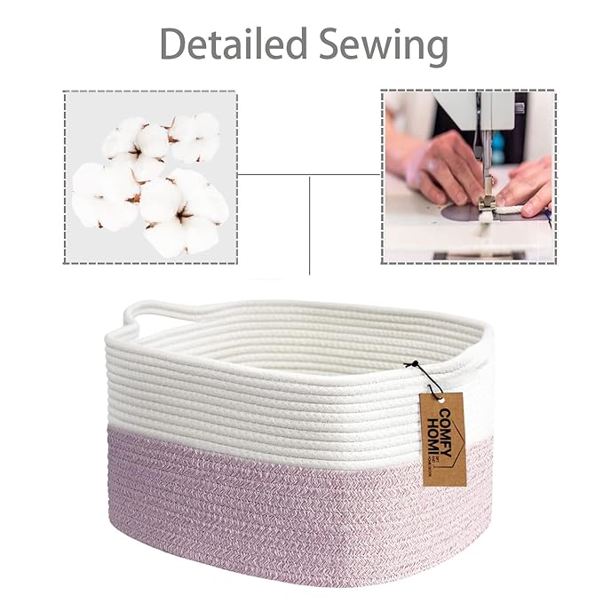 COMFY-HOMI Cotton Rope Woven Medium Basket with Handles for shelf，Cloth Storage Basket for Organizing-13.5X11X9.5 Storage Bin for Bedroom, Newborn or Infant Gift for boy girl （White/Pink）-Ruum Studio Home