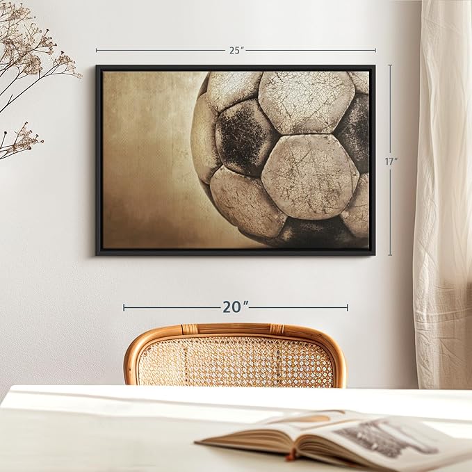 Elephant Stock Worn Soccer Ball Wall Art - Horizontal Framed Canvas - 1-Piece Living Room Wall Decor - Photography sports Canvas Print - Brown and Gray Decor for Wall - 25" X 17"-Ruum Studio Home