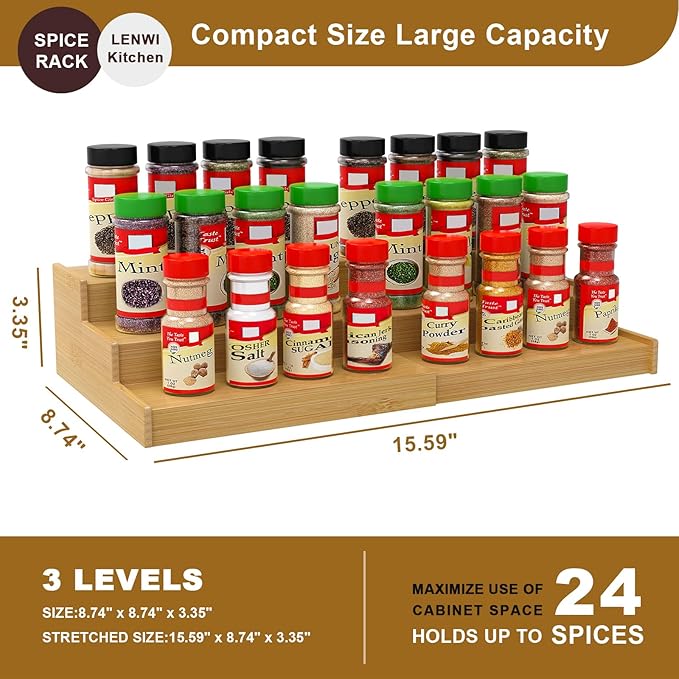 Spice Rack Organizer for Cabinet, 3 Tier Expandable Bamboo Spice Storage, Great for Kitchen Cabinet, Cupboard,Pantry and More-Ruum Studio Home