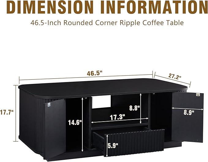 46.5" Oval Coffee Table with Drawers and Storage Mid Century Modern Fluted Solid Wood Side Coffee Tables, Luxury Tea Table Center Table for Living Rooms Offices Apartmen, Black-Ruum Studio Home