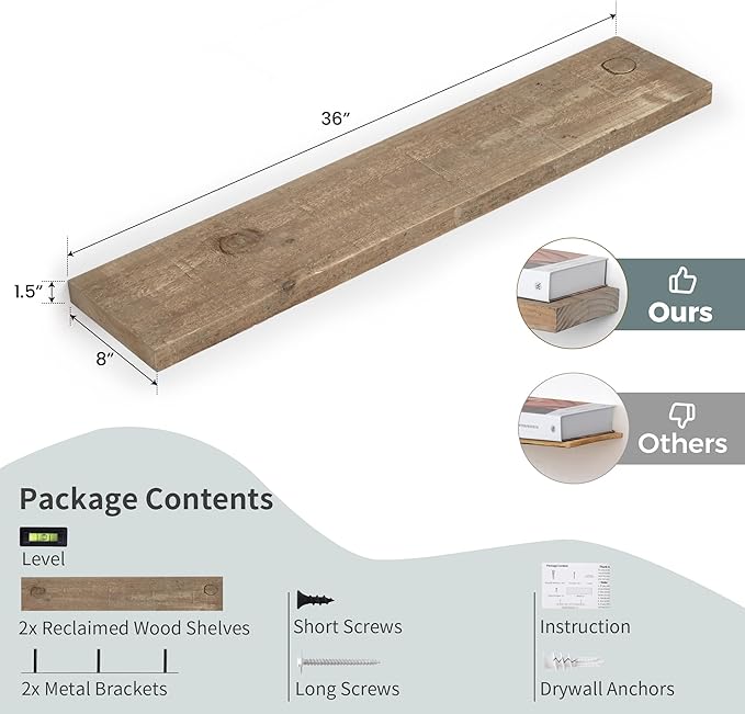 Floating Shelves | 8" Deep Rustic Reclaimed Barnwood Wall Hanging Shelves with Invisible Heavy-Duty Metal Bracket | Wall Mounted | Farmhouse Style | 36 inches, 2 PCs, Distressed Natural-Ruum Studio Home