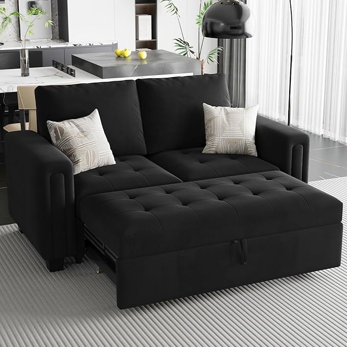 Belffin Modular Sectional Sleeper Sofa with Pull Out Couch Bed Modular Sleeper Loveseat Sectional Sofa Velvet Fabric for Living Room Apartment Black-Ruum Studio Home