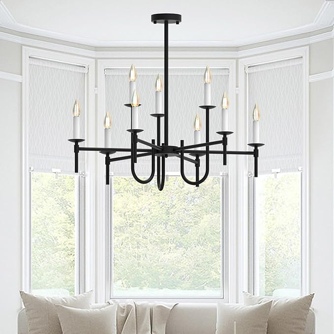 Farmhouse Black Chandelier, Modern Candle Hanging Lamp, Round LED Ceiling Pendant Lights for Kitchen Island Living Room Bedroom Dining Room (Black-B 9Lights)-Ruum Studio Home