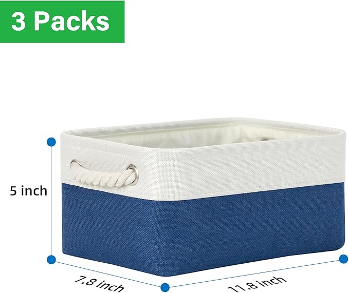 Bidtakay Small Storage Baskets for Shelves 3 Pack Fabric Storage Bins for Organizing Linen Collapsible Organizer for Closet-White&Blue-Ruum Studio Home