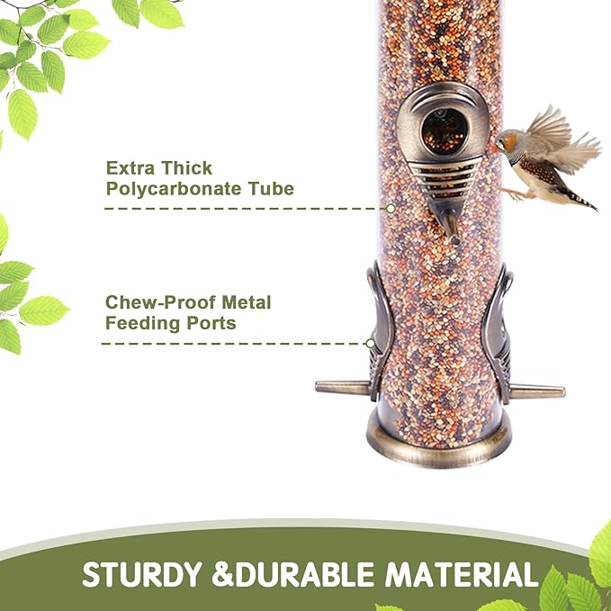 MIXXIDEA 2PK Metal Wild Bird Feeder Squirrel Proof Bird Feeders for Outside Hanging 6 Port Tube Bird Feeder Transparent Finch Feeder with Steel Hanger (Bronze)-Ruum Studio Home