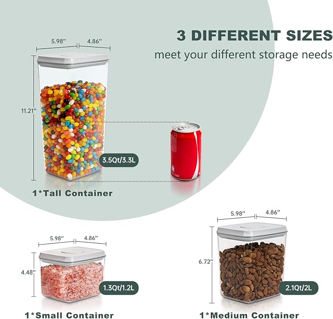 Pop Top Food Storage Containers, Leakproof Pantry Food Storage Containers, Kitchen Storage Containers with Lids Airtight 3-Piece - 3.5Qt/2.1Qt/1.3Qt-Ruum Studio Home