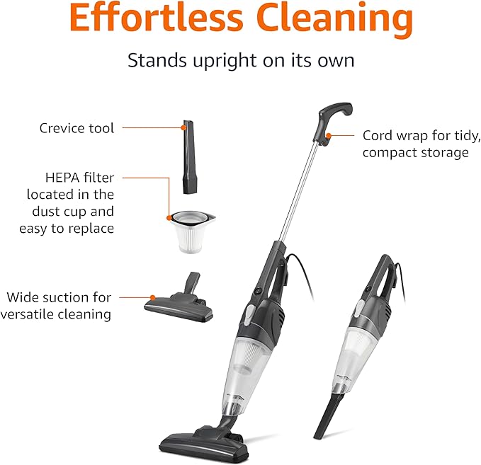 Amazon Basics 2-in-1 Corded Stick Vacuum Cleaner, Convertible to Handheld, Lightweight (3.9 LBS), with Washable HEPA Filter, Crevice Tools, 0.5L Dust Cup, 19.7-Ft Cord, 300W, Black-Ruum Studio Home