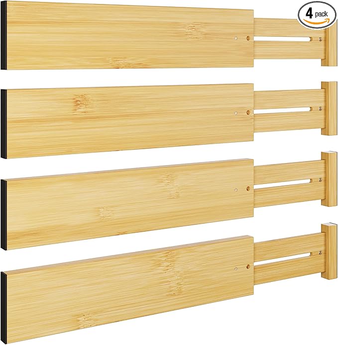 BAMEOS 4 pcs 3" High Bamboo Drawer Dividers Adjustable Drawer Organizer Expandable Drawer Organization Utensil Organizers for Kitchen Dresser Bathroom Bedroom and Office-Ruum Studio Home