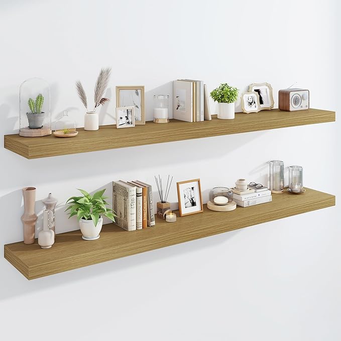 Marsmiles 72" Floating Shelves for Wall, Wooden Shelves with Invisible Brackets Set of 2, Rustic Farmhouse Wall Mounted Shelf for Kitchen Bathroom Living Room Study, Natural Oak-Ruum Studio Home