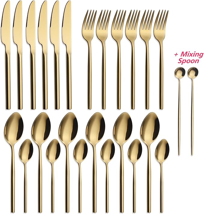 24 Piece Silverware Set For 6 Gold Heavy duty 18/10 Stainless Steel Flatware Set Modern Design Knife/Fork/Spoon Mirror Polished Dishwasher Safe Cutlery Set with Gifts-Ruum Studio Home